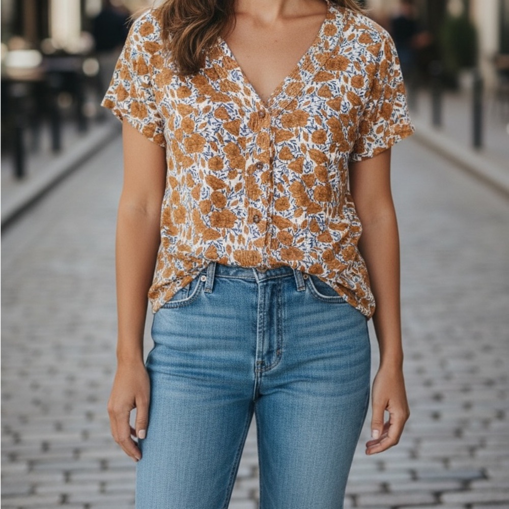 Rachel Zoe 100% Linen Button Front Floral Blouse Top Size Small Boho Coastal